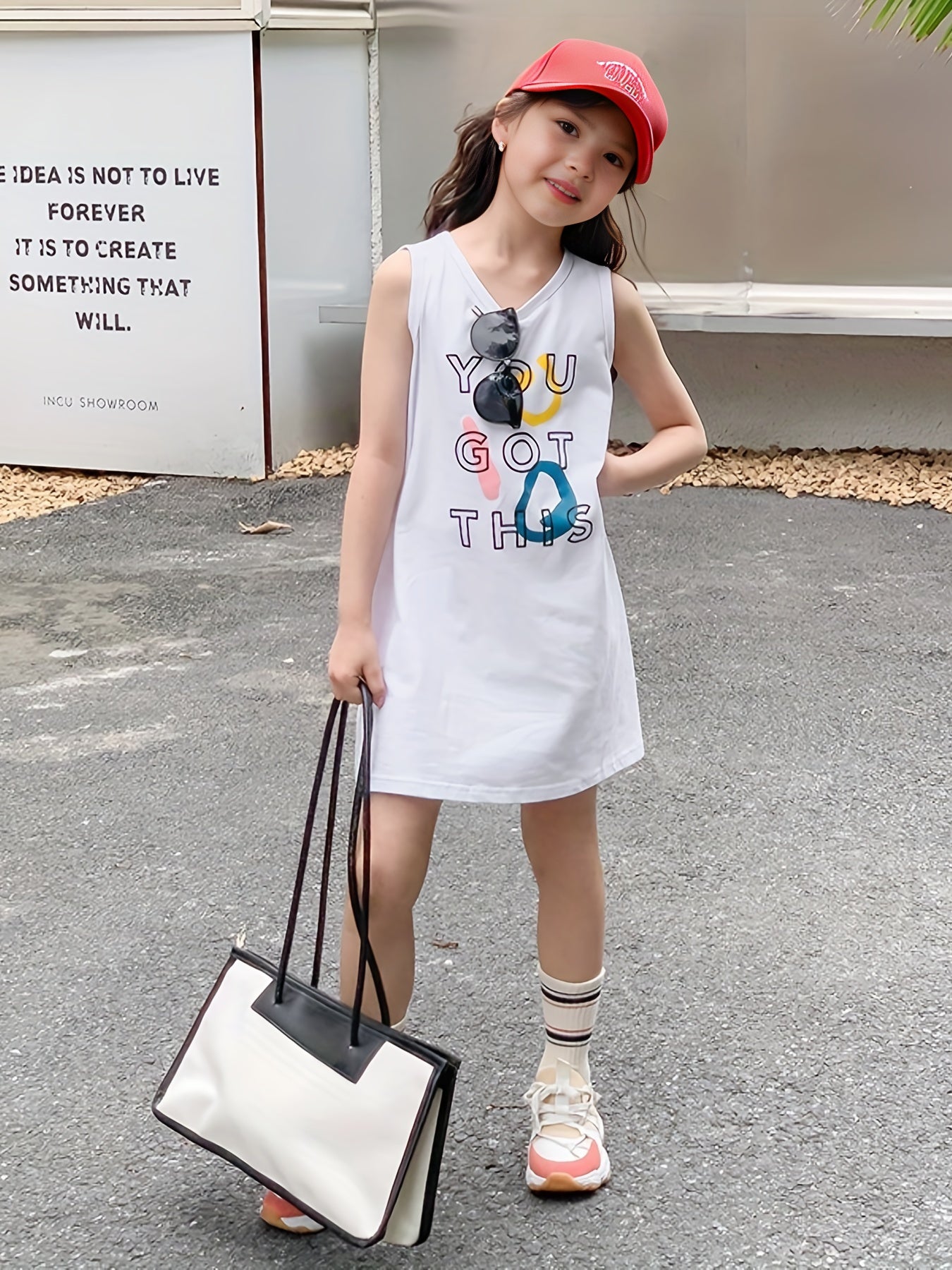 Girls Cartoon Print Cotton Dress Sleeveless Crew Neck for Summer