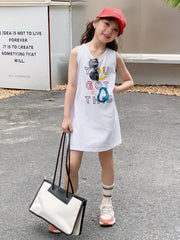 Girls Cartoon Print Cotton Dress Sleeveless Crew Neck for Summer