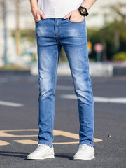 Slim Fit Washed Cotton Jeans Mens Casual Street Style Distressed Mid Stretch Den