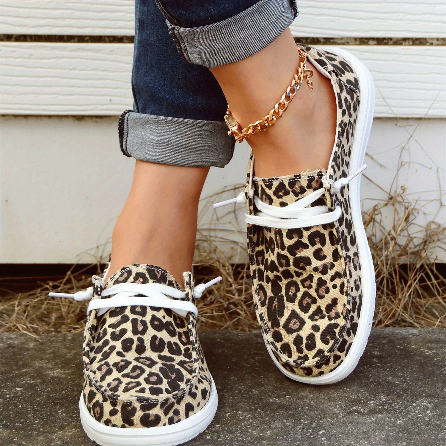 Leopard Print Boat Shoes Lace Up Flat Canvas Shoes