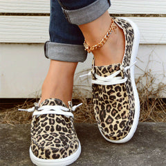 Leopard Print Boat Shoes Lace Up Flat Canvas Shoes
