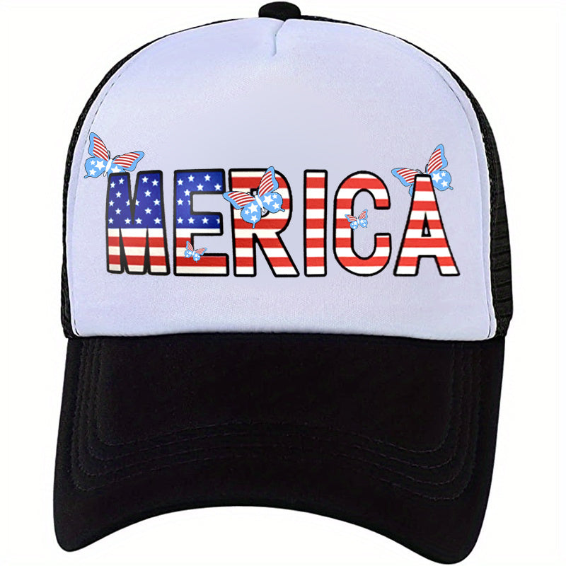 MERICA Flag Trucker Hat Butterfly Print Mesh Breathable Baseball Cap