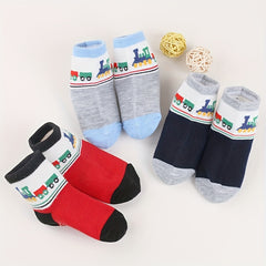 3 Pairs Non-slip Socks for 0-2 Year Old Boys - Little Train & Polka Dot Pattern