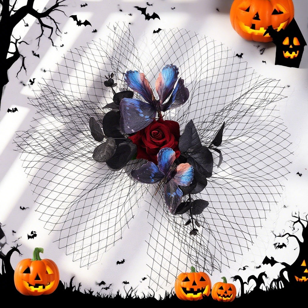 Gothic Halloween Hair Clips Vintage Rose & Mesh Veil Lace Accents Cosplay