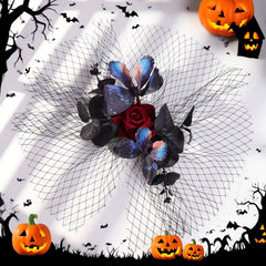 Gothic Halloween Hair Clips Vintage Rose & Mesh Veil Lace Accents Cosplay