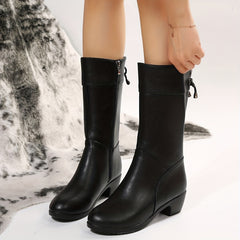 Women's Plush Lined Mid Calf Boots Chunky Heel Side Zipper Round Toe