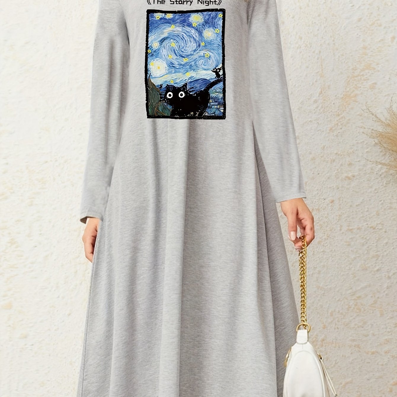 Cat Painting Print Long Sleeve Stretch Nightdress