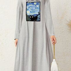 Cat Painting Print Long Sleeve Stretch Nightdress