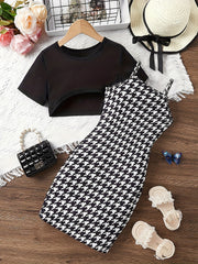 Girls Cropped T-shirt & Houndstooth Dress Set for Summer Party
