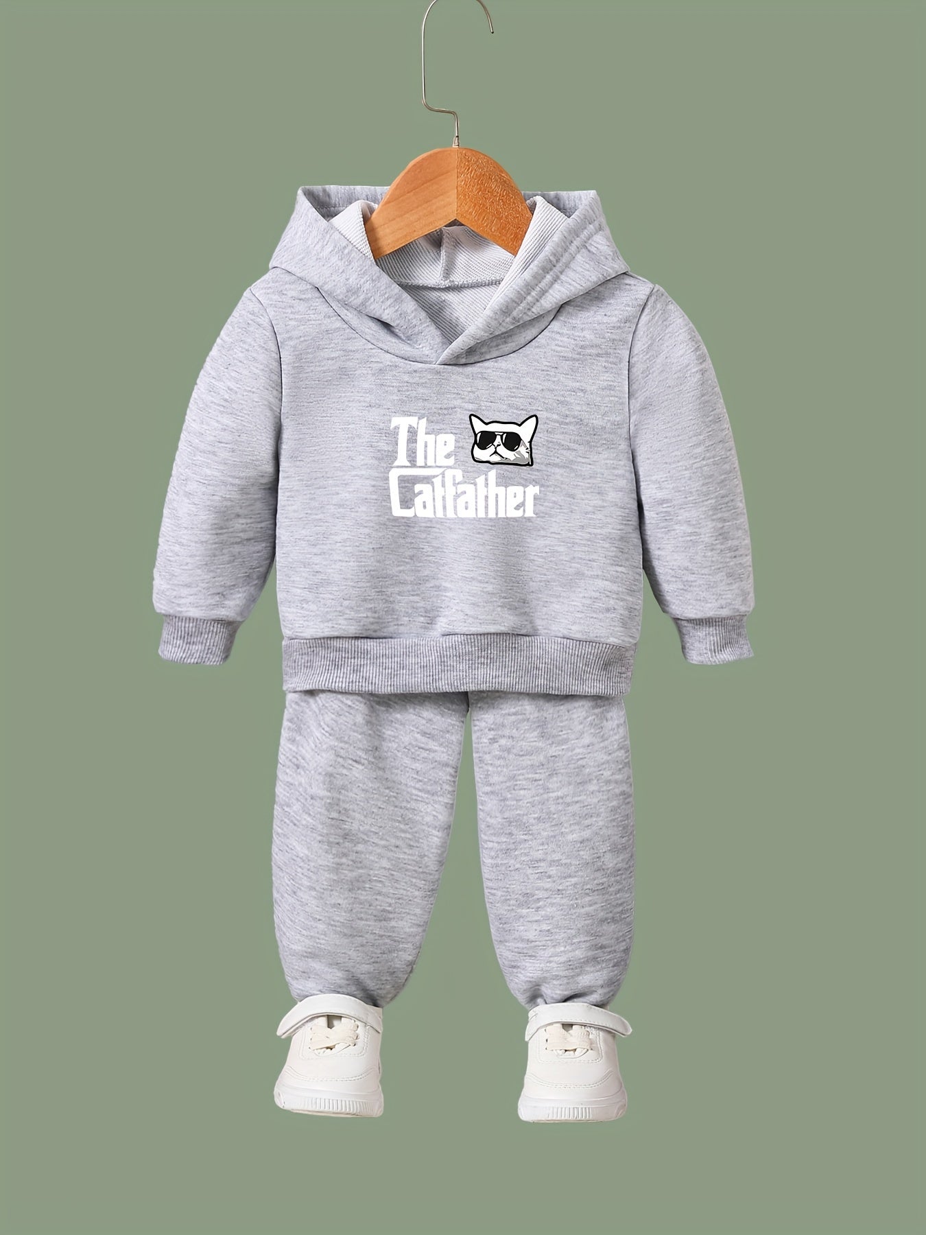 Kid's The Cat Father Print Hoodie & Pants Set, Sporty Clothes