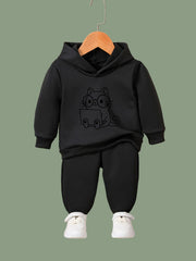 Kid's 2pcs Cat & Computer Print Outfit Hoodie & Pants Set
