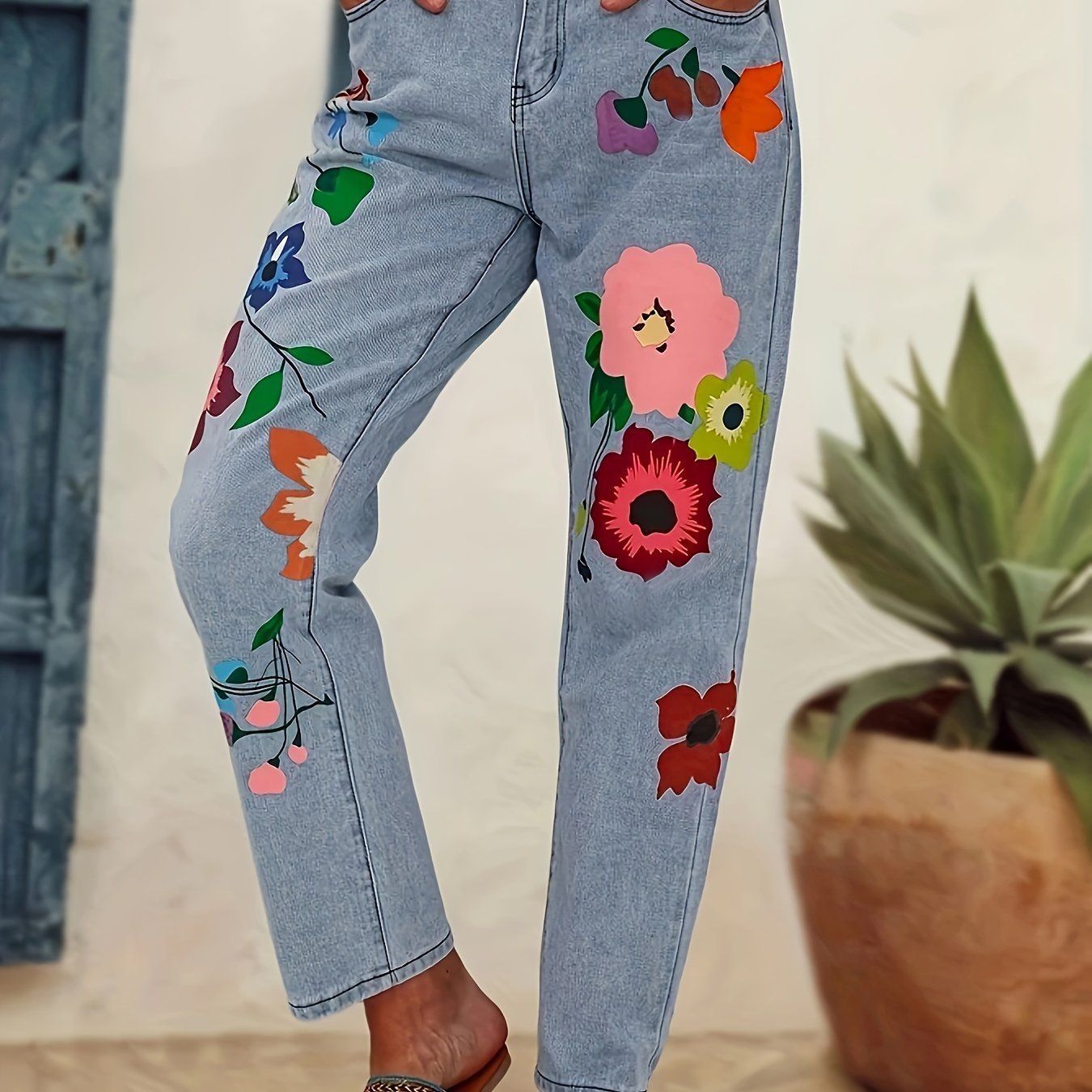 Women's Floral Print Straight Leg Denim Pants