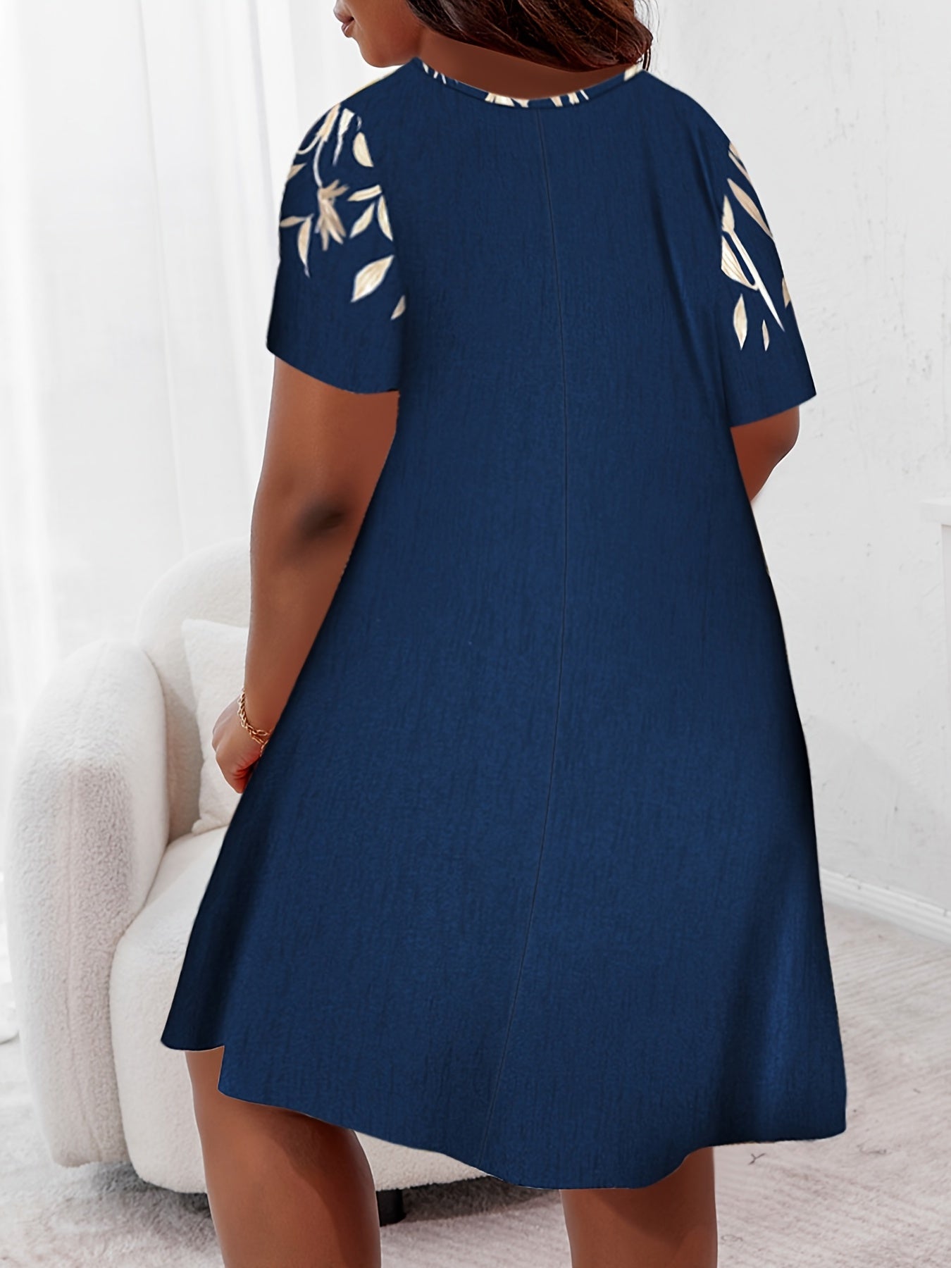 Leaf Print Short Sleeve Round Neck Sleep Dress