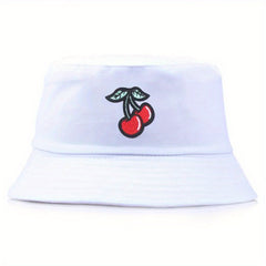 Cherry Embroidery Patch Bucket Hat Solid Sunscreen Cartoon Basin Hats
