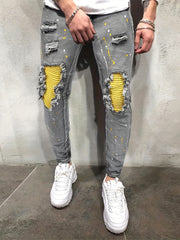 Paint Splatter Ripped Slim Fit Jeans Men's Casual High Stretch Denim Pants
