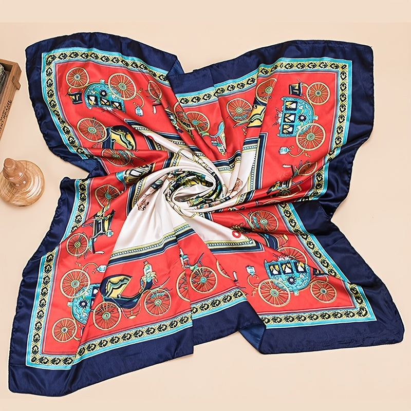 Vintage Satin Scarf Carriage Print Shawl Sunscreen Head Wrap