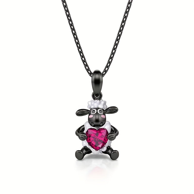 Girl's Fuchsia Sheep Heart Pendant Zircon Necklace - Perfect Gift