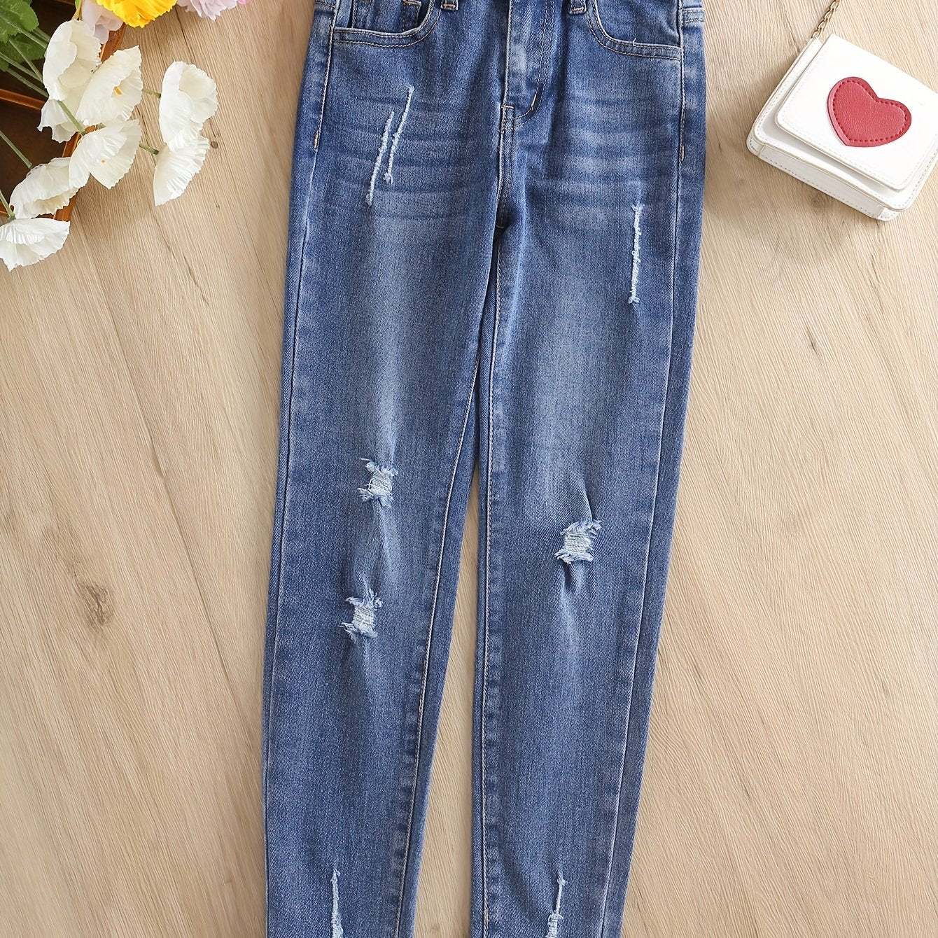 Girls Ripped Stretch Skinny Jeans Street Outfit
