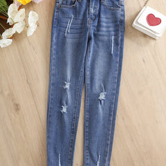 Girls Ripped Stretch Skinny Jeans Street Outfit