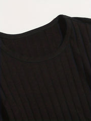 Ribbed Knit Drawstring Ruched Dress Long Sleeve Crew Neck Dress