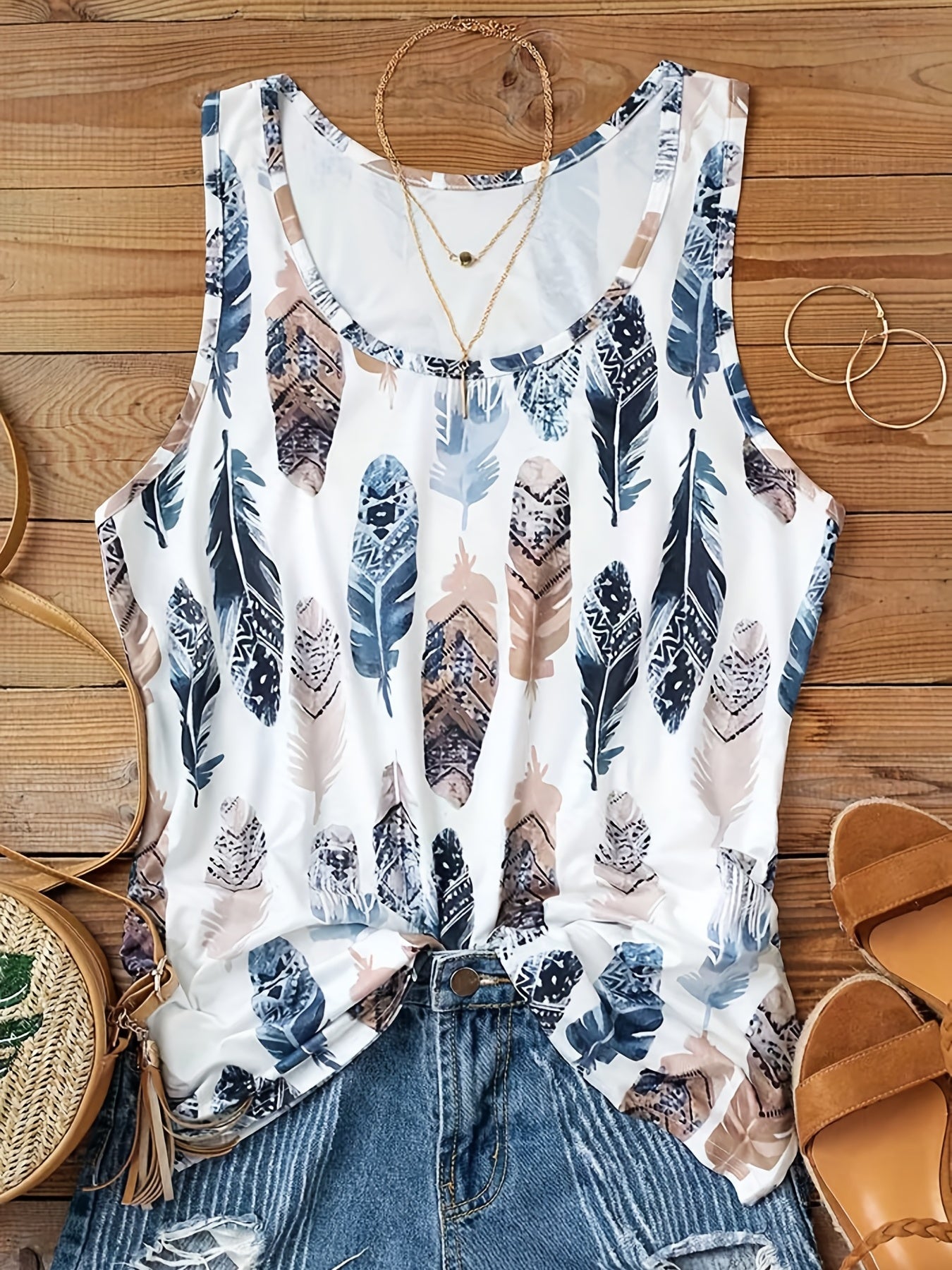 Casual Tank Top Women's Plus Random Print Round Neck