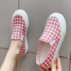 Women's Houndstooth Slip On Canvas Shoes Round Toe Flat Non-slip Casual Shoes