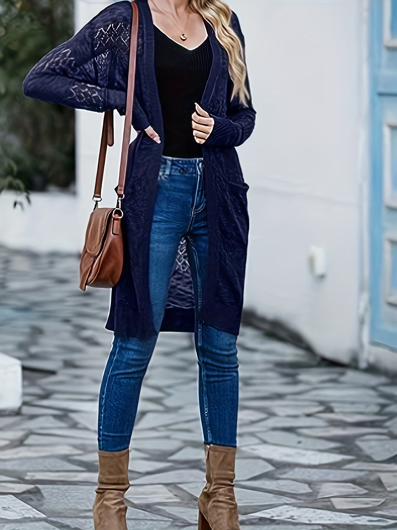 Hollow Out Long Sleeve Cardigan With Pockets