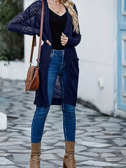 Hollow Out Long Sleeve Cardigan With Pockets