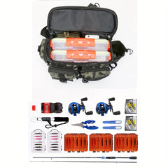 Portable Fishing Tackle Bag with Rod Holder 600D Nylon Sling Pack