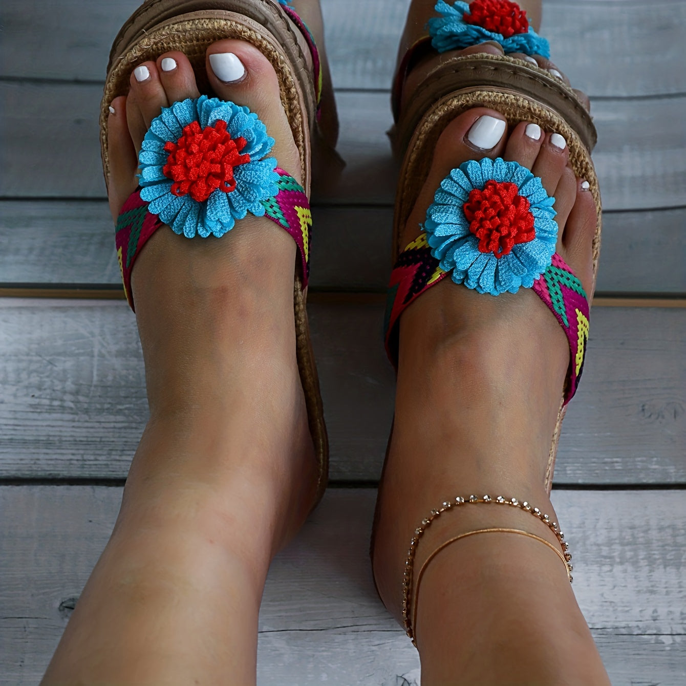 Women's Floral Flat Sandals Slip On Open Toe Linen Sole Home Non slip Slides
