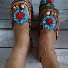 Women's Floral Flat Sandals Slip On Open Toe Linen Sole Home Non slip Slides