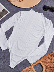 Eyelet Bodysuit Puff Sleeve Slim Fit Mock Neck Bodysuit