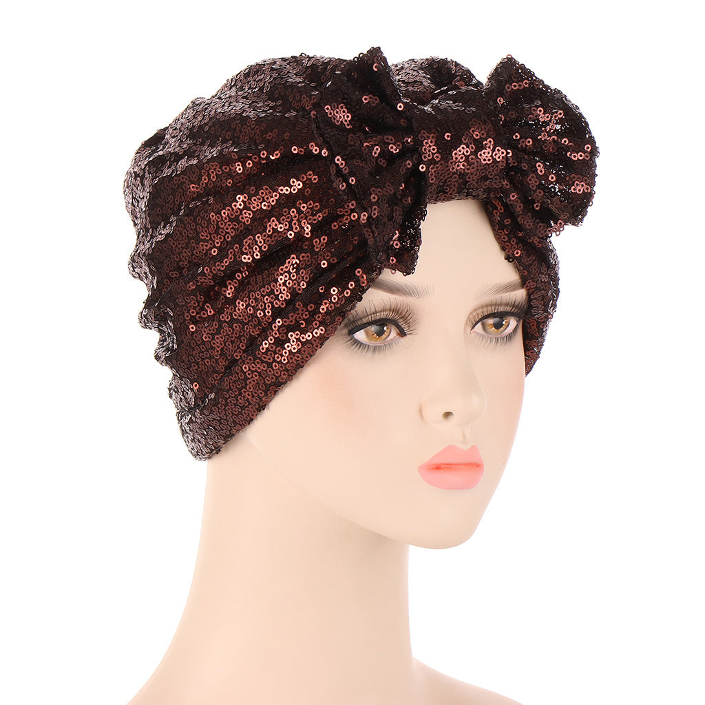 Sequin Bow Beanie Cap Lightweight Women Turban Hat Hair Bonnet