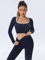 Women's Ribbed Yoga Set: Long Sleeve Top & High Waist Leggings