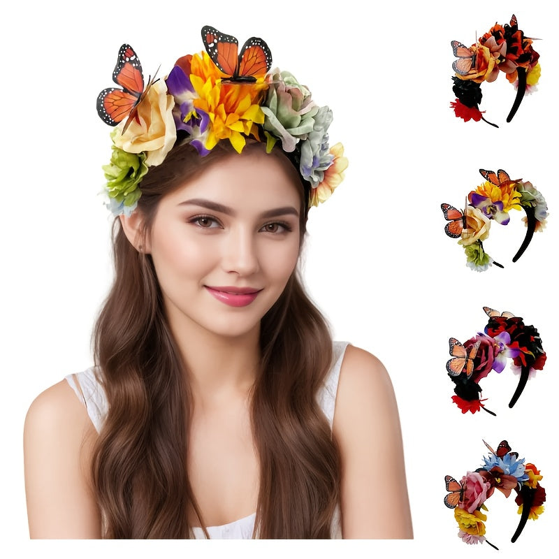 Boho Floral Headband with Butterflies - Adjustable Hair Hoop for Weddings