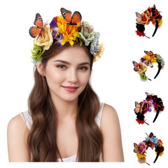 Boho Floral Headband with Butterflies - Adjustable Hair Hoop for Weddings