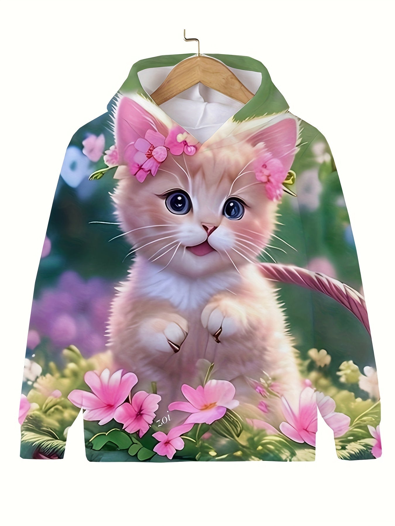 3D Kitty Flower Garden Hooded Sweatshirt For Girls