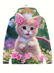 3D Kitty Flower Garden Hooded Sweatshirt For Girls