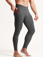 Men's Solid Pocket Leggings Compression Pants For Outdoor Running