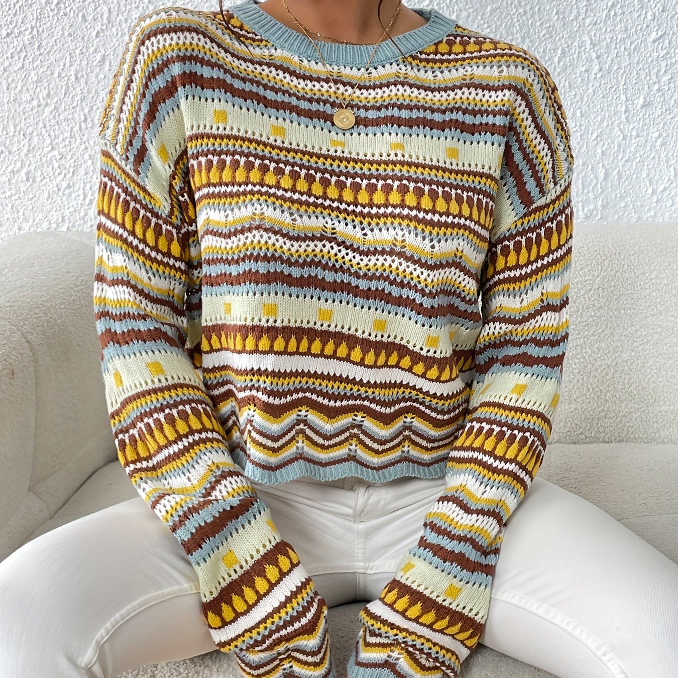 Ethnic Print Eyelet Knit Sweater Casual Crew Neck Long Sleeve Sweater