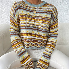 Ethnic Print Eyelet Knit Sweater Casual Crew Neck Long Sleeve Sweater