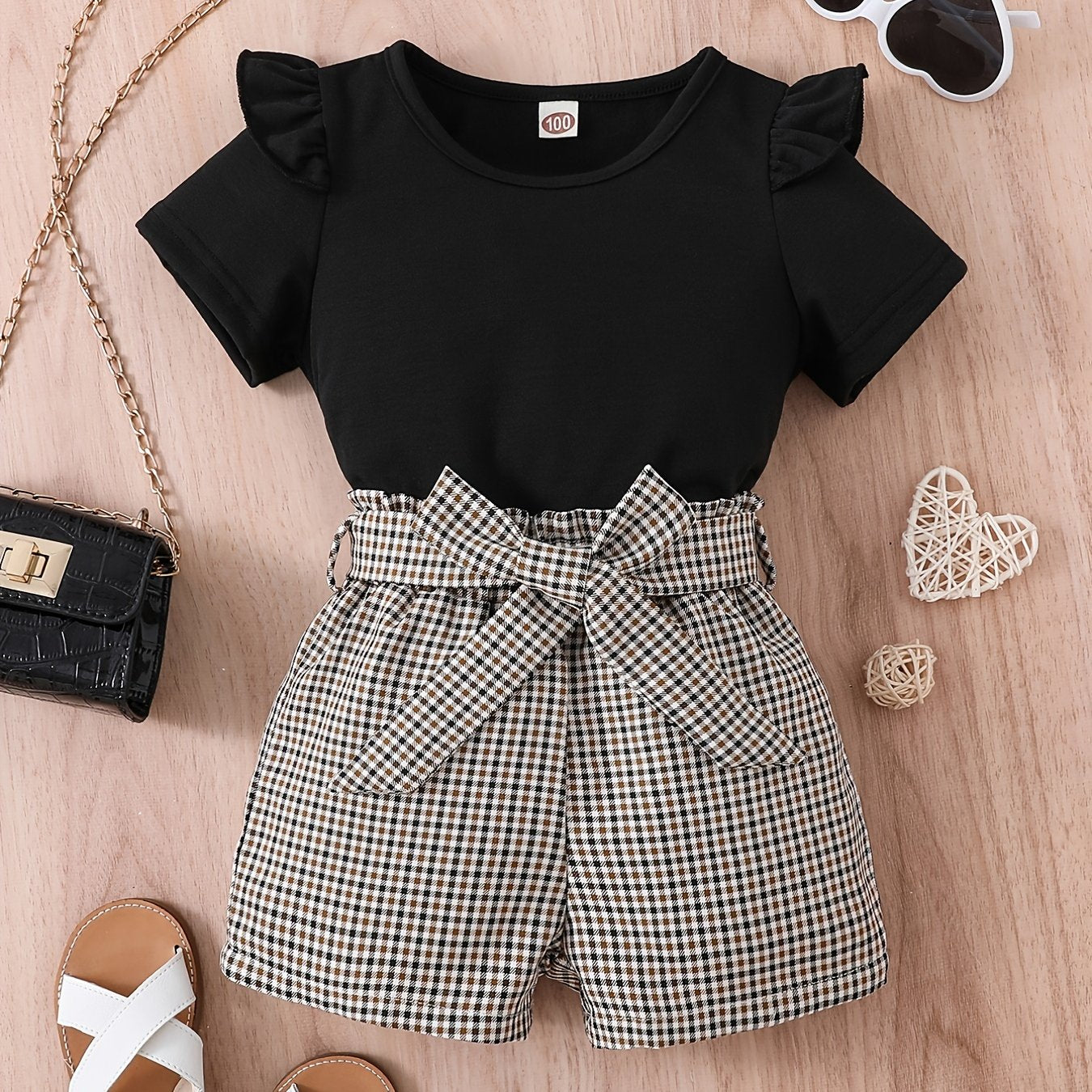 Girls Ruffled Short Sleeve Tee & Plaid Shorts Set with Belt
