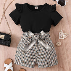 Girls Ruffled Short Sleeve Tee & Plaid Shorts Set with Belt
