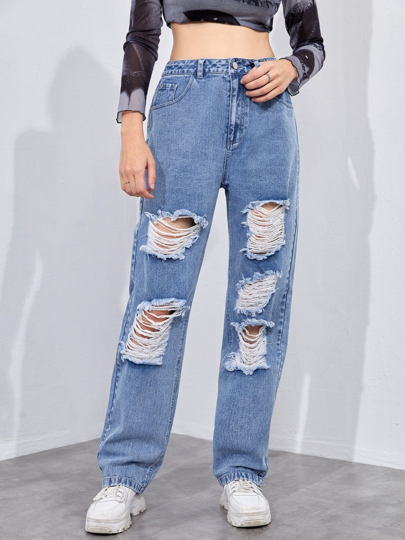 Distressed High Waist Wide Leg Jeans