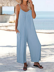 Boho Solid Loose Cami Jumpsuit Casual Crew Neck Wide Leg Mini Strap Jumpsuit