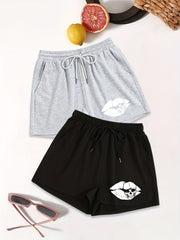 Lips & Skull Print Drawstring Waist Shorts 2 Pack