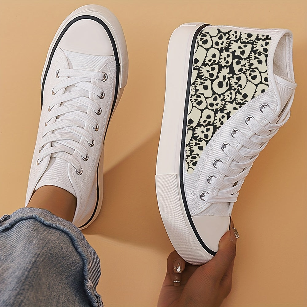 Skull Print Chunky Canvas Sneakers Non Slip High Top
