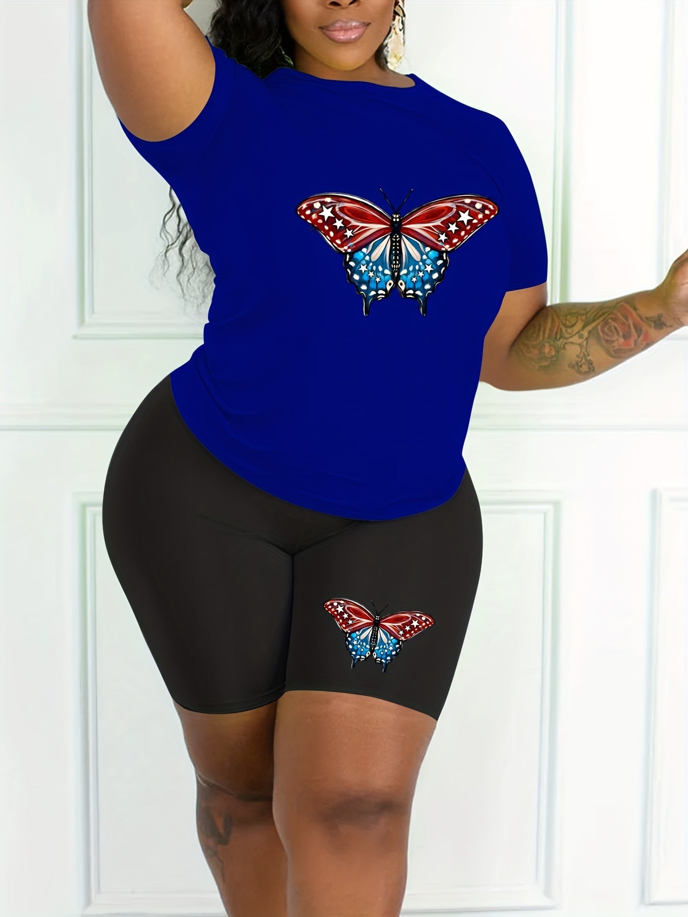 Women's Plus Butterfly Print Top & Shorts 2 Piece Set