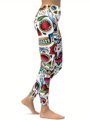 Skull And Flower Yoga Leggings For Halloween High Waist Fitness Pants
