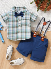 Boy's Plaid Shirt & Short Bi Pants Set Handsome Party Dress Up